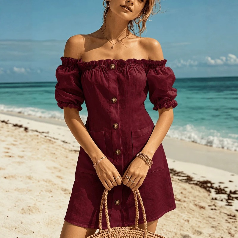 Women Off Shoulder Mini Dress  - Off Shoulder Puff Sleeve Sundress ulasan dan harga