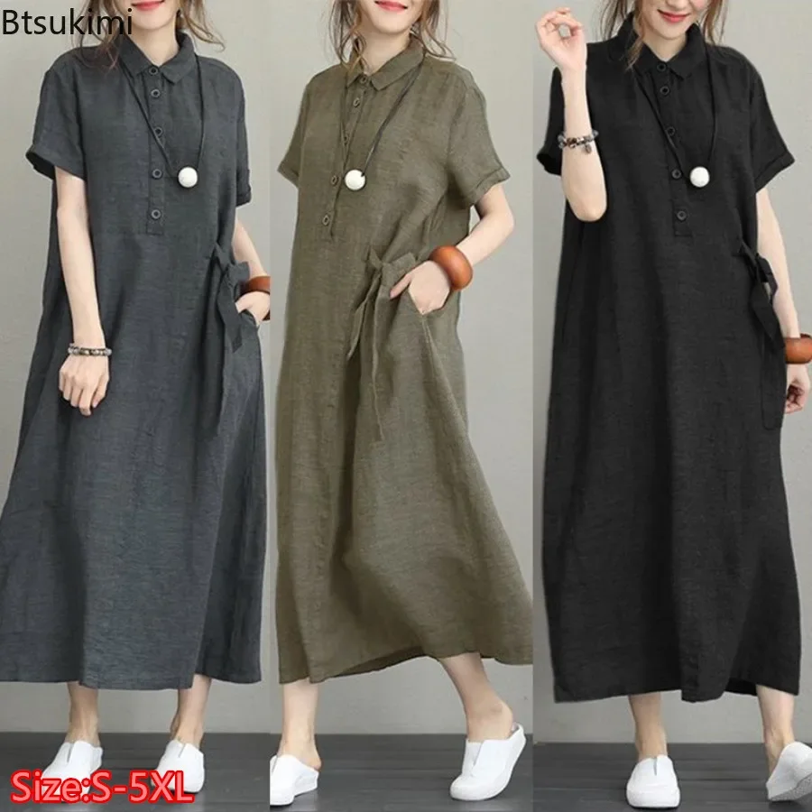 2026 Summer Dress Simple Vinta - Casual Loose Linen Shirt Dress ulasan dan harga