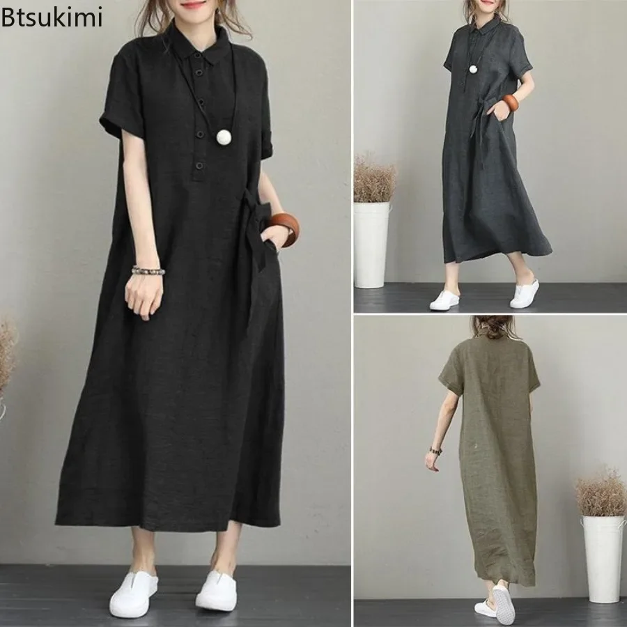 2026 Summer Dress Simple Vinta - Casual Loose Linen Shirt Dress ulasan dan harga