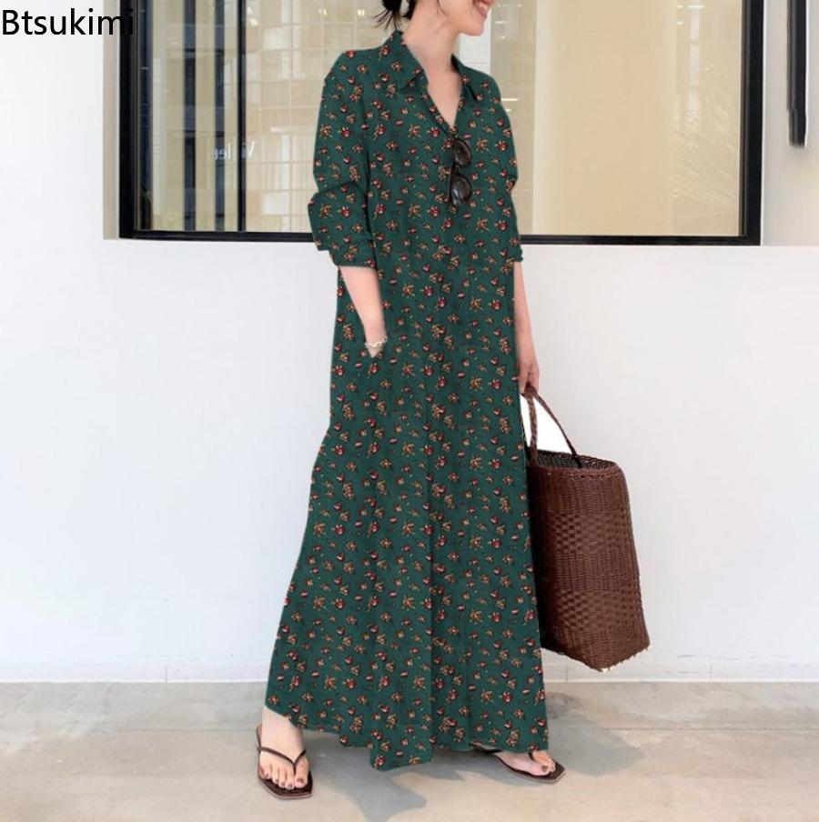 New Women's Print Long Style S - Casual Loose Linen Shirt Dress ulasan dan harga