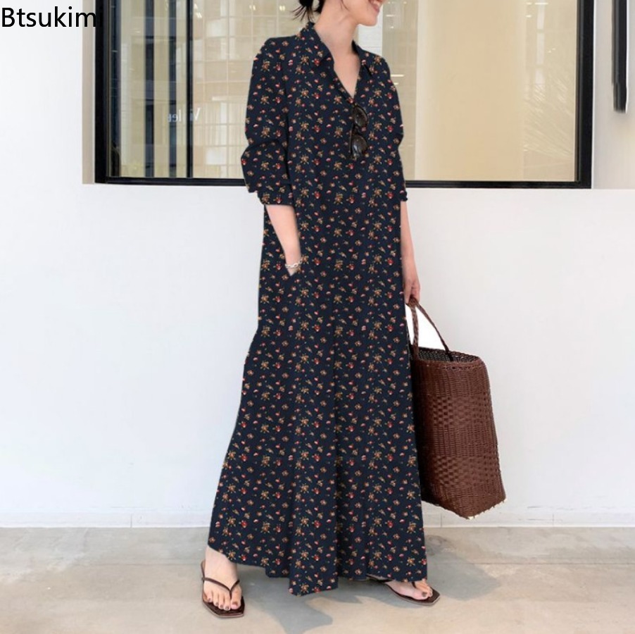 New Women's Print Long Style S - Casual Loose Linen Shirt Dress ulasan dan harga