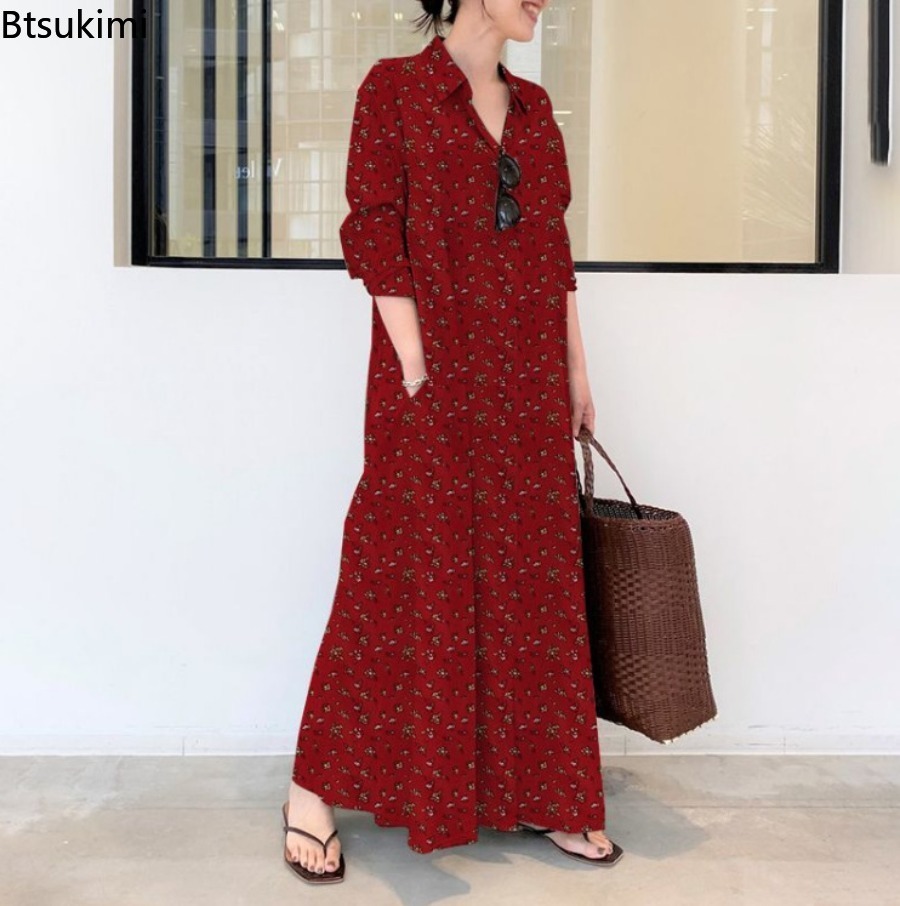 New Women's Print Long Style S - Casual Loose Linen Shirt Dress ulasan dan harga
