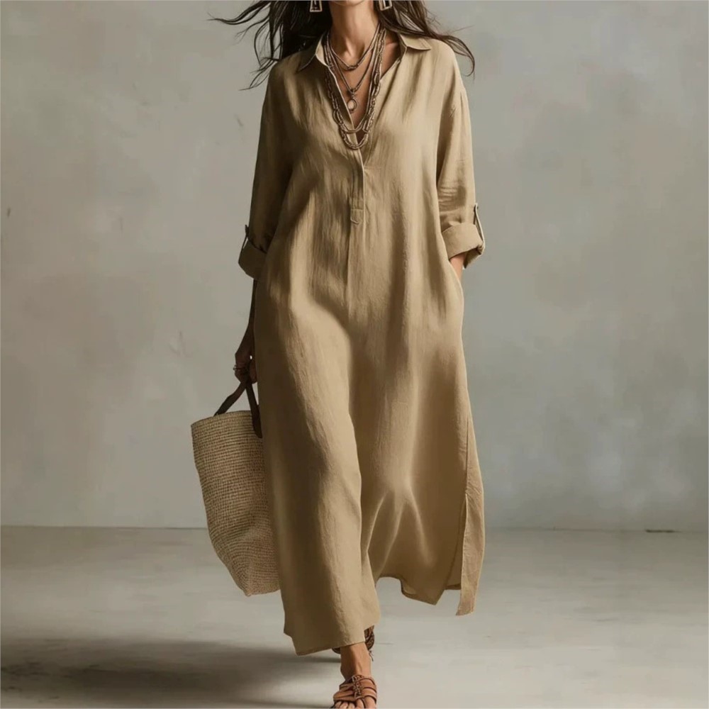 Women Vintage Linen Shirt Dres - Casual Loose Linen Shirt Dress ulasan dan harga