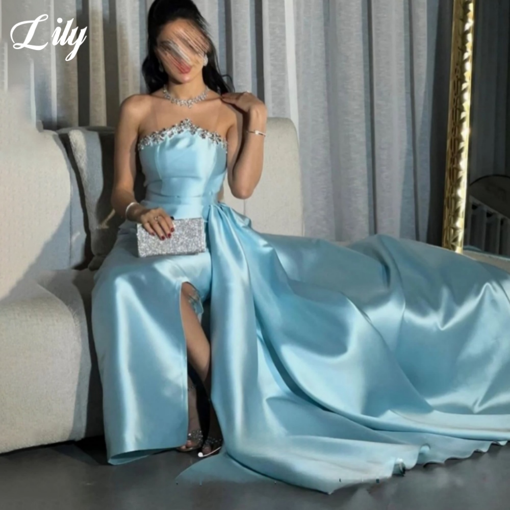 Lily Blue Elegant Formal Gown  - Elegant Satin Evening Gown Split ulasan dan harga