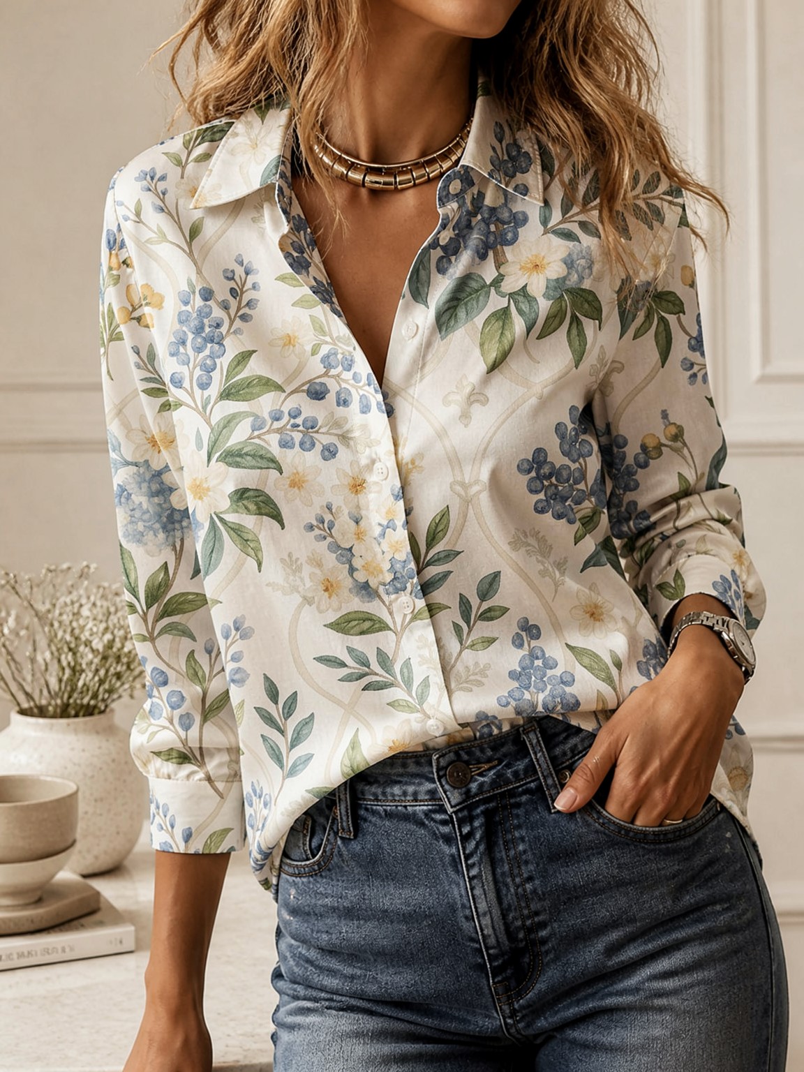 Casual All-match Collared Blou - Blouses ulasan dan harga