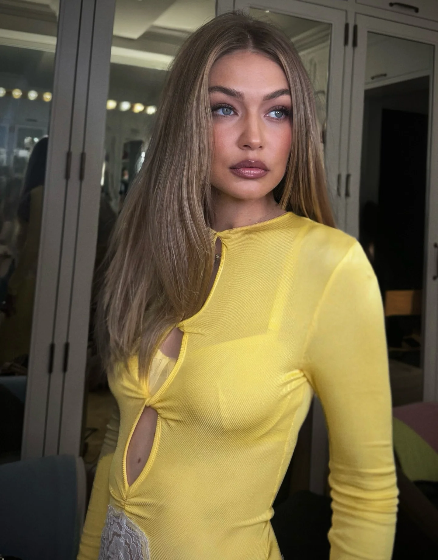 Women Yellow Lace Cutout Long  - Bodycon Long Sleeve Ribbed Dress ulasan dan harga