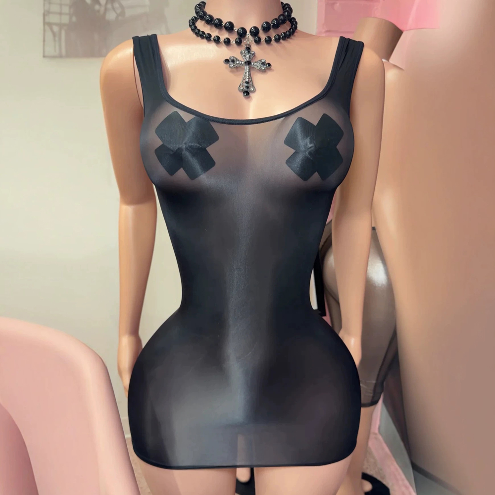 JENYAGE Sexy Glossy Sheer Tank - Sexy Mesh Sheer Bodycon Dress ulasan dan harga