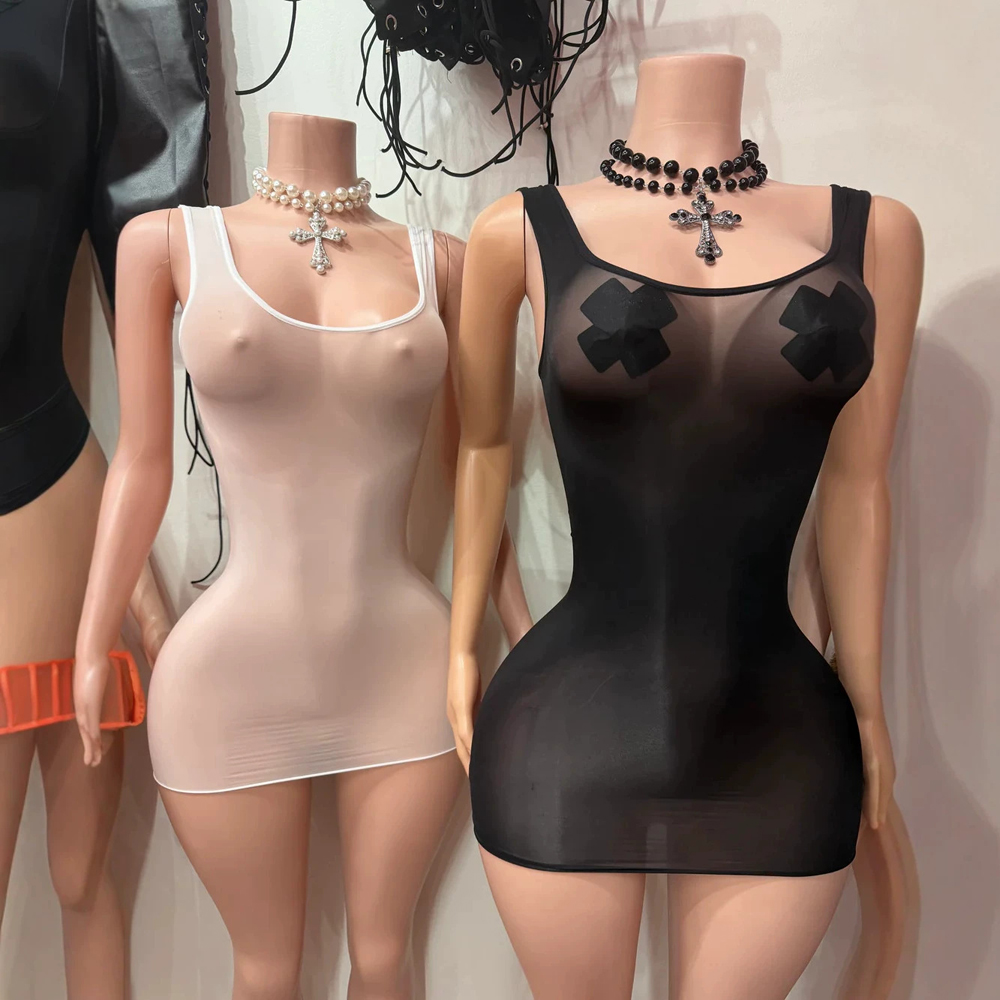 JENYAGE Sexy Glossy Sheer Tank - Sexy Mesh Sheer Bodycon Dress ulasan dan harga