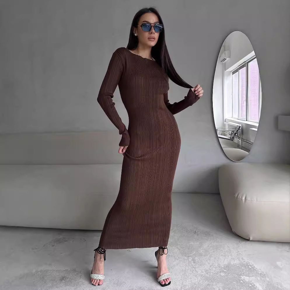 Women's Elegant Crew Neck Wais - Bodycon Long Sleeve Ribbed Dress ulasan dan harga
