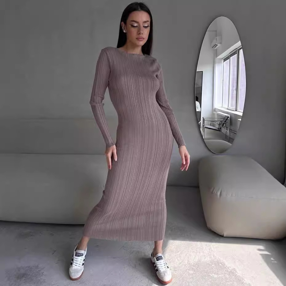 Women's Elegant Crew Neck Wais - Bodycon Long Sleeve Ribbed Dress ulasan dan harga