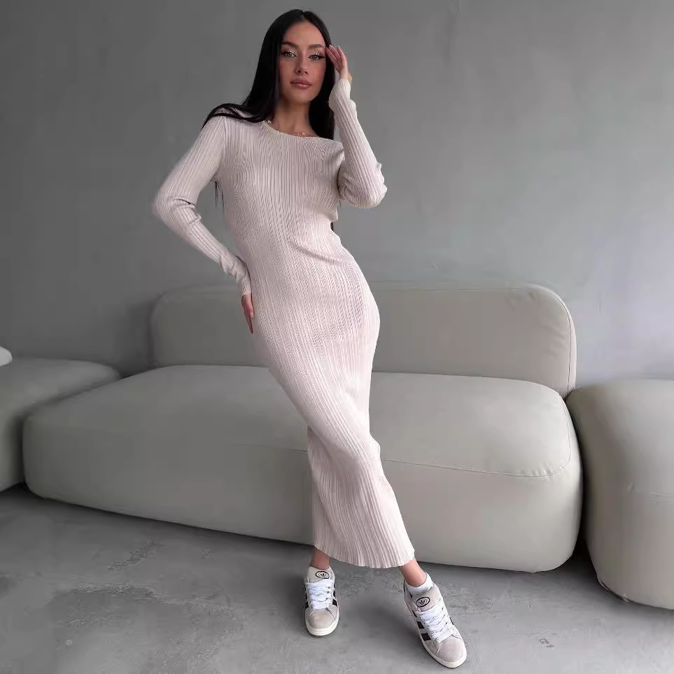 Women's Elegant Crew Neck Wais - Bodycon Long Sleeve Ribbed Dress ulasan dan harga