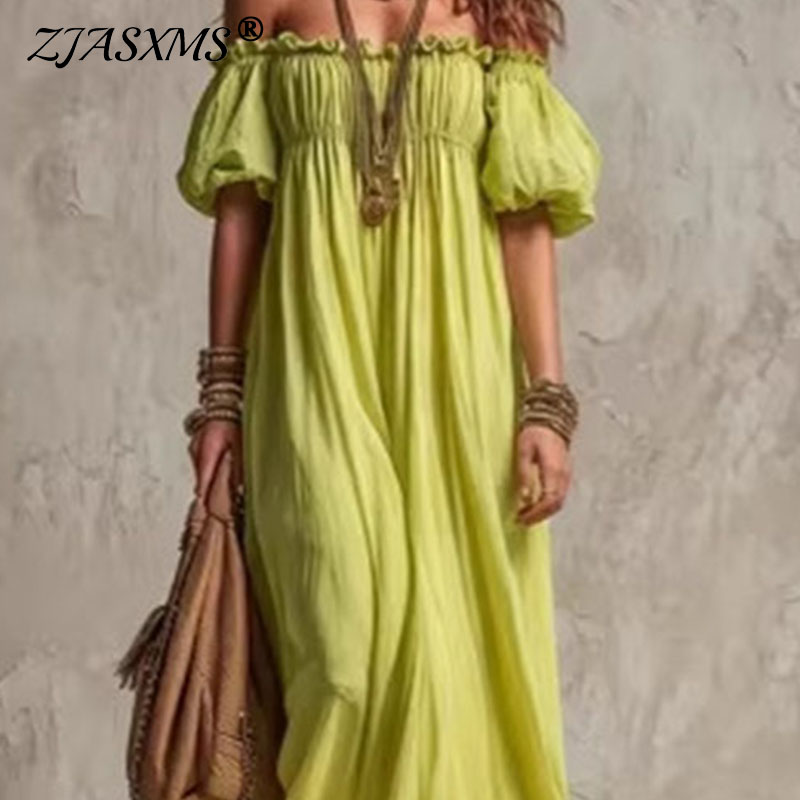 Women Elastic Waist Casual Vac - Off Shoulder Puff Sleeve Sundress ulasan dan harga