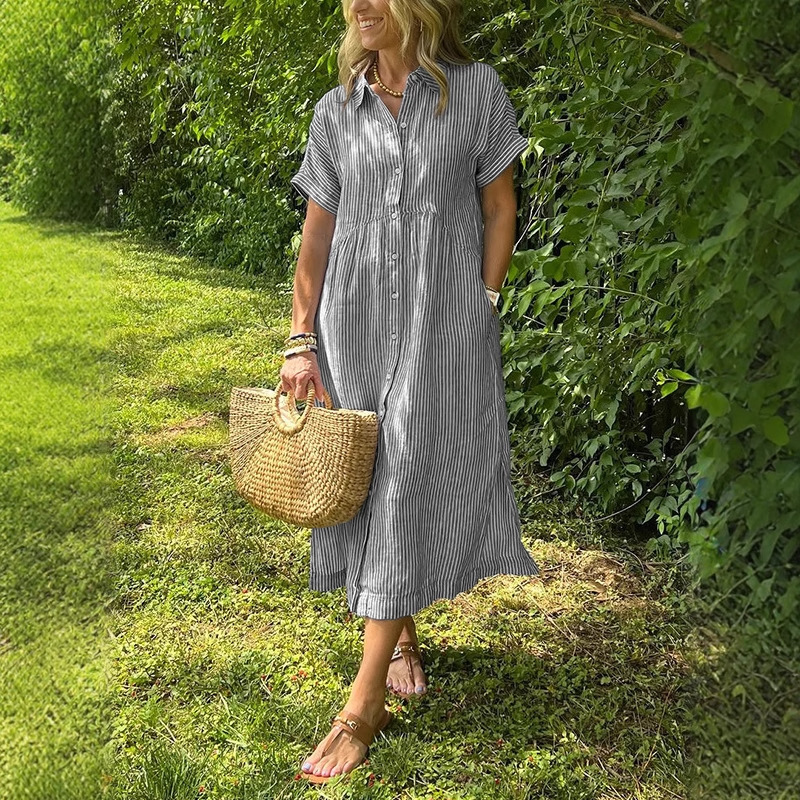 Women Striped Shirt Dress Summ - Casual Loose Linen Shirt Dress ulasan dan harga