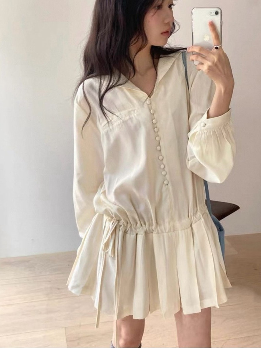 Slimming Long Sleeve Shirt Dre - Korean Style A Line Shirt Dress ulasan dan harga
